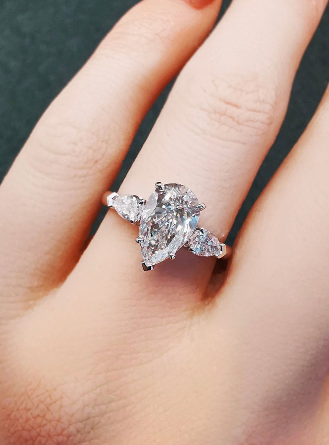5.0CT Pear Cut Three Stone Authentic Diamond Ring in 18K White Gold | Engagement, Promise & Anniversary