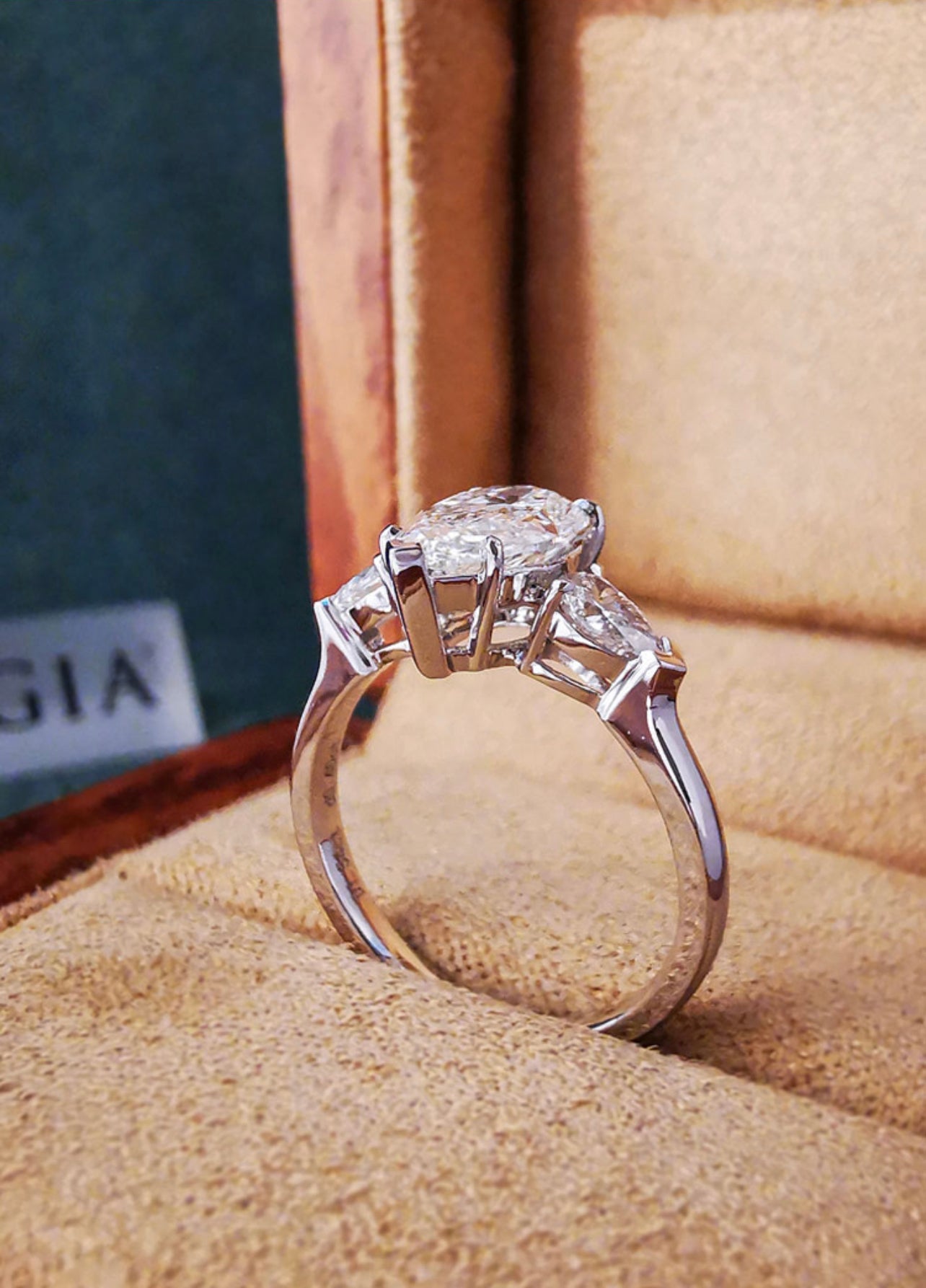 5.0CT Pear Cut Three Stone Authentic Diamond Ring in 18K White Gold | Engagement, Promise & Anniversary