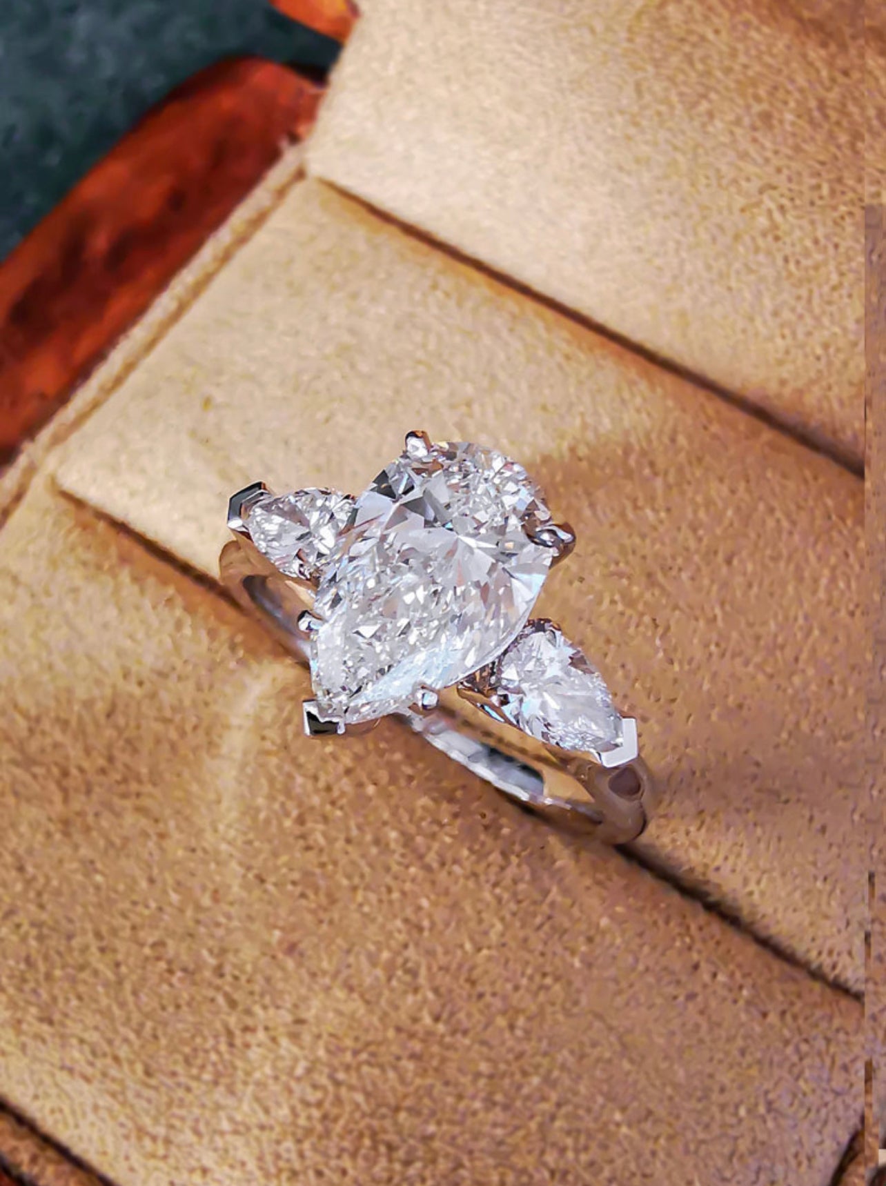 5.0CT Pear Cut Three Stone Authentic Diamond Ring in 18K White Gold | Engagement, Promise & Anniversary