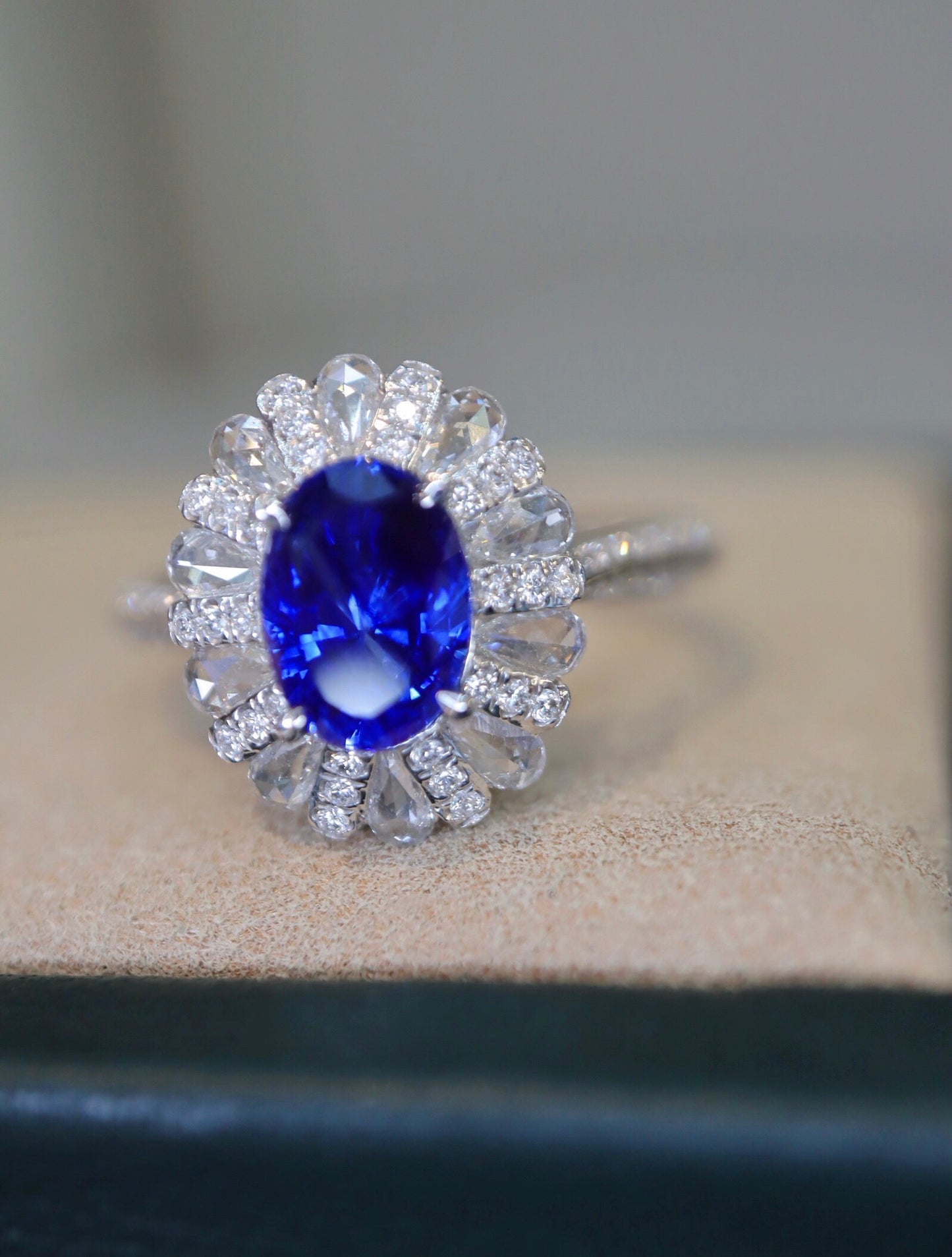 Stunning 1.56ct Royal Blue Sapphire 18K Gold and Diamond Ring