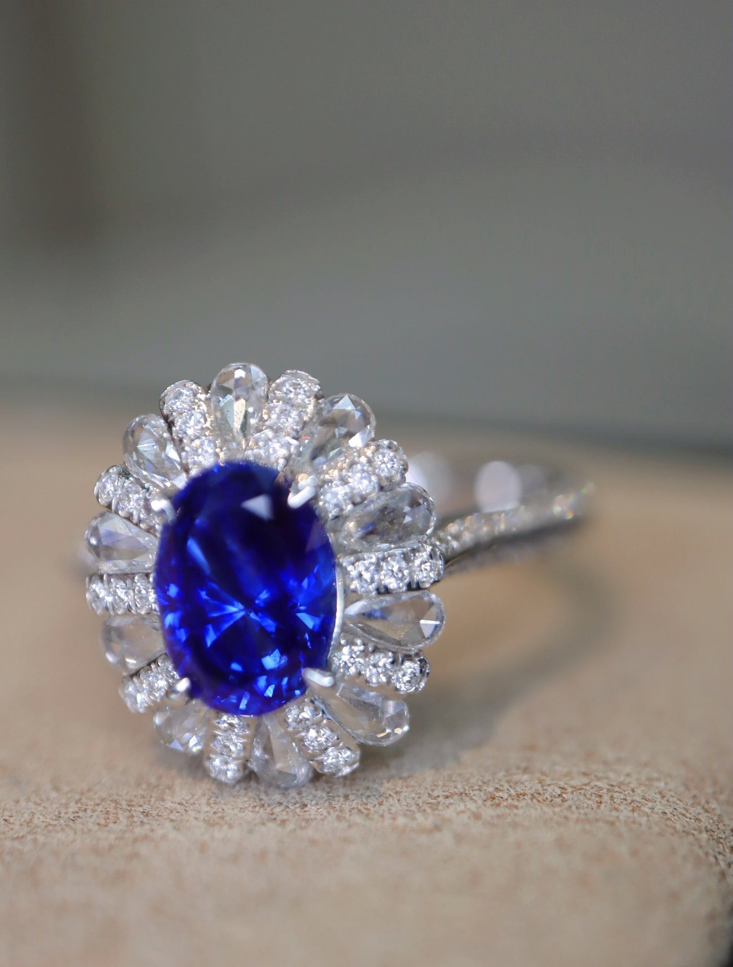 Stunning 1.56ct Royal Blue Sapphire 18K Gold and Diamond Ring