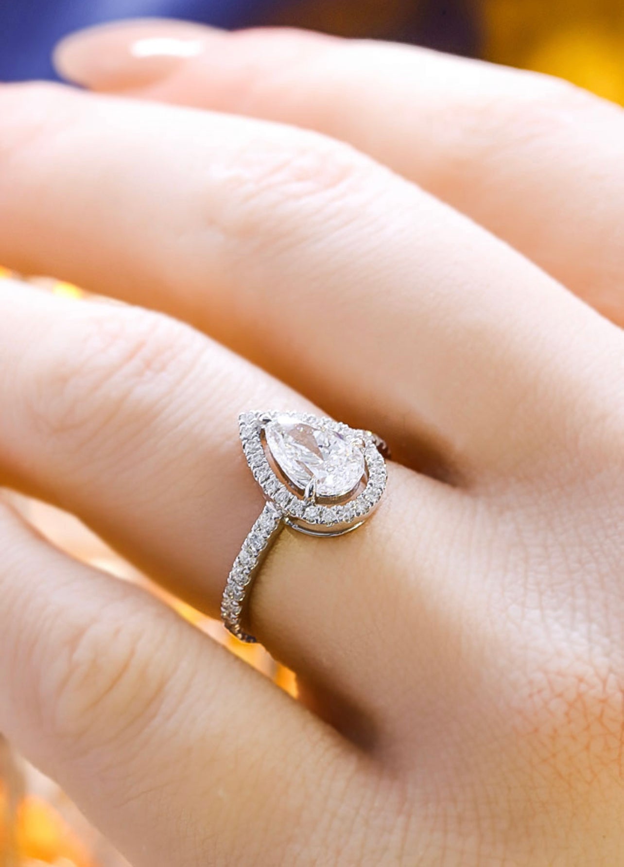 2.0CT Pear Cut Diamond Halo Ring in 18K White Gold | Engagement, Promise & Anniversary