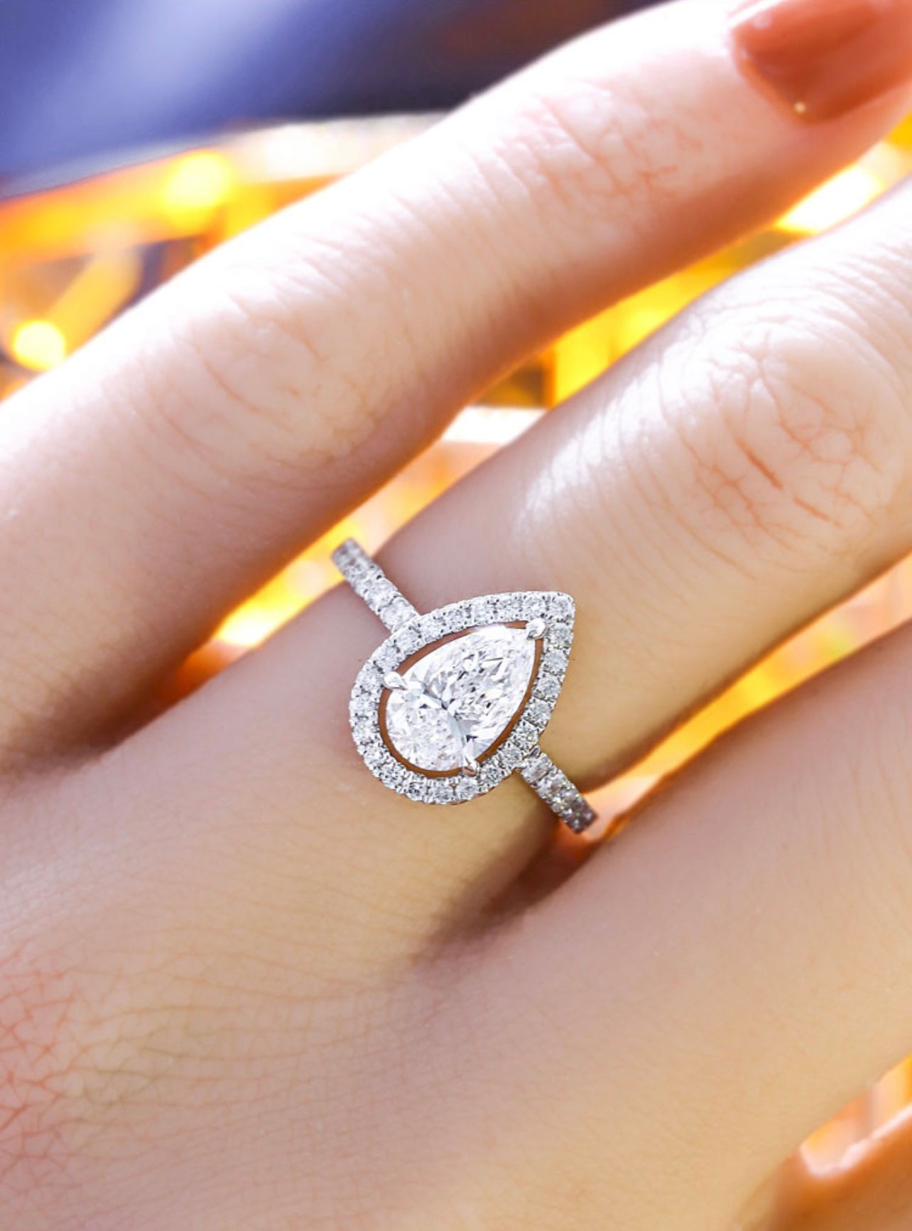 2.0CT Pear Cut Diamond Halo Ring in 18K White Gold | Engagement, Promise & Anniversary
