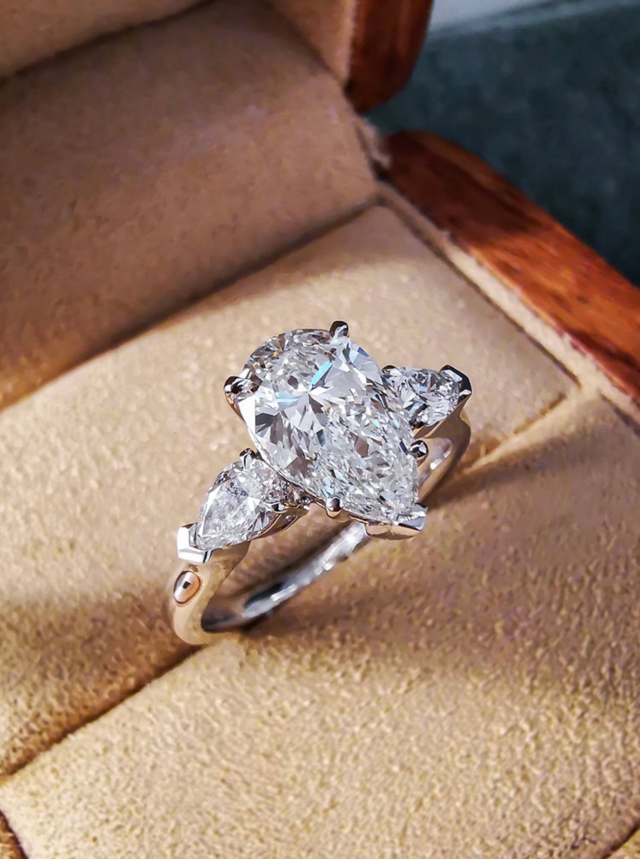 5.0CT Pear Cut Three Stone Diamond Ring in 18K White Gold | Engagement, Promise & Anniversary