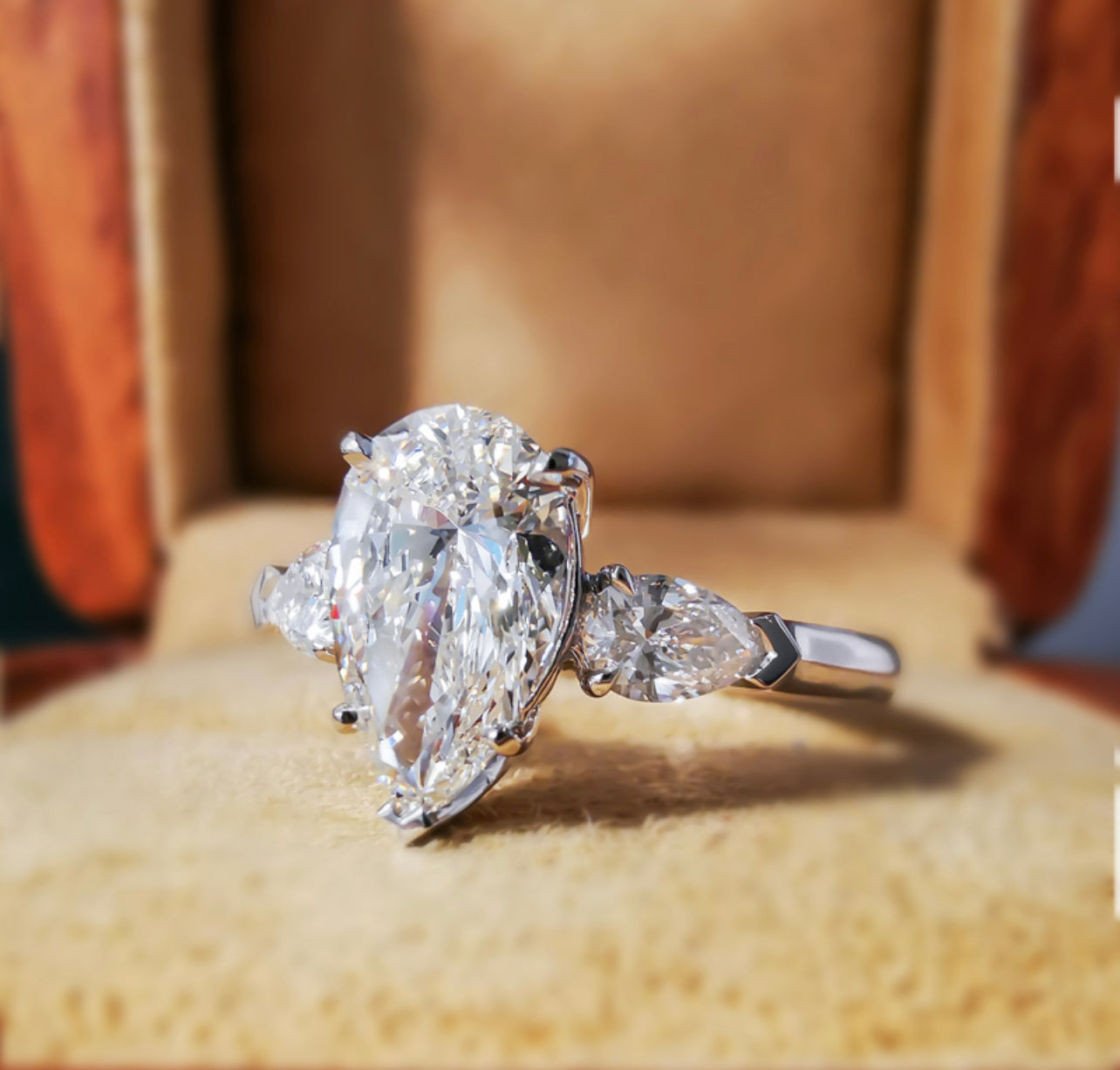 5.0CT Pear Cut Three Stone Diamond Ring in 18K White Gold | Engagement, Promise & Anniversary