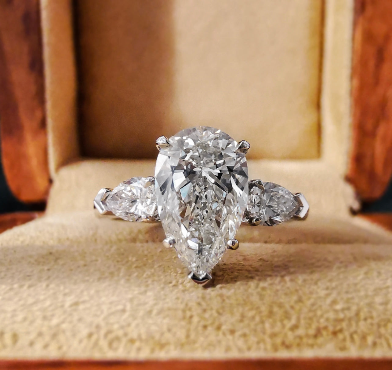 5.0CT Pear Cut Three Stone Diamond Ring in 18K White Gold | Engagement, Promise & Anniversary