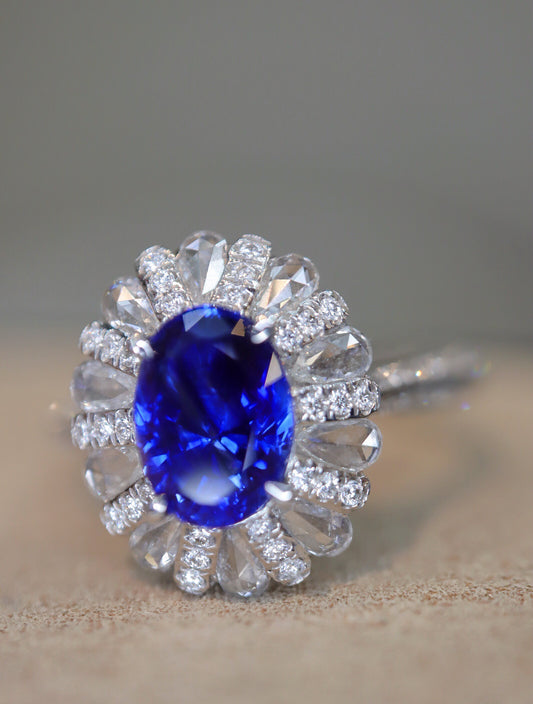 Stunning 1.56ct Royal Blue Sapphire 18K Gold and Diamond Ring
