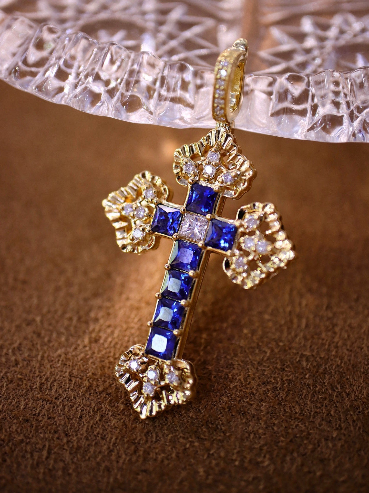 Serwa Jewellery | Celestial Cross – Sapphire & Ruby Pendant in 18K Gold