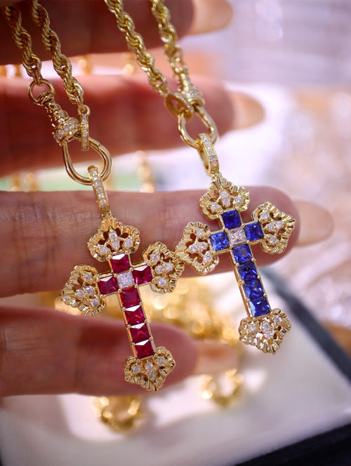 Serwa Jewellery | Celestial Cross – Sapphire & Ruby Pendant in 18K Gold