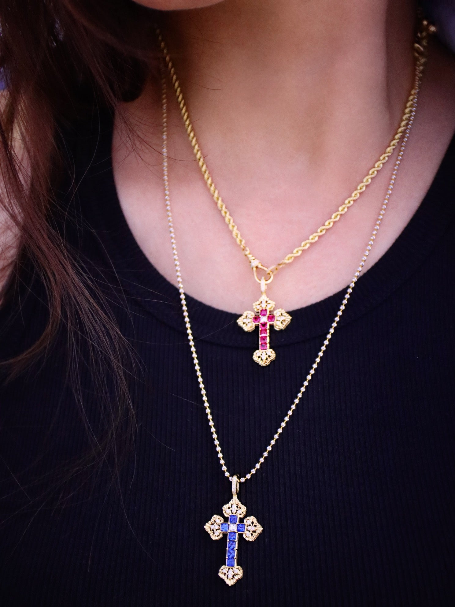 Serwa Jewellery | Celestial Cross – Sapphire & Ruby Pendant in 18K Gold