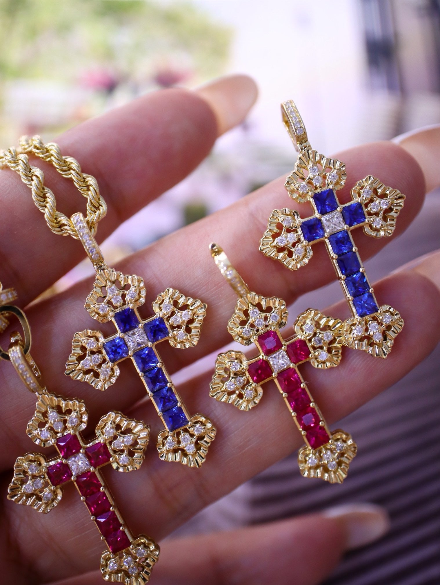 Serwa Jewellery | Celestial Cross – Sapphire & Ruby Pendant in 18K Gold