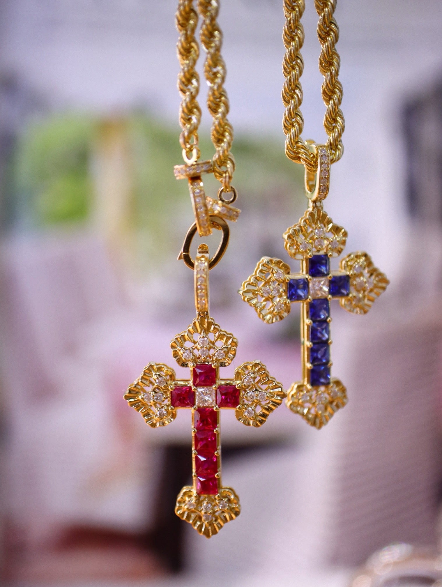 Serwa Jewellery | Celestial Cross – Sapphire & Ruby Pendant in 18K Gold