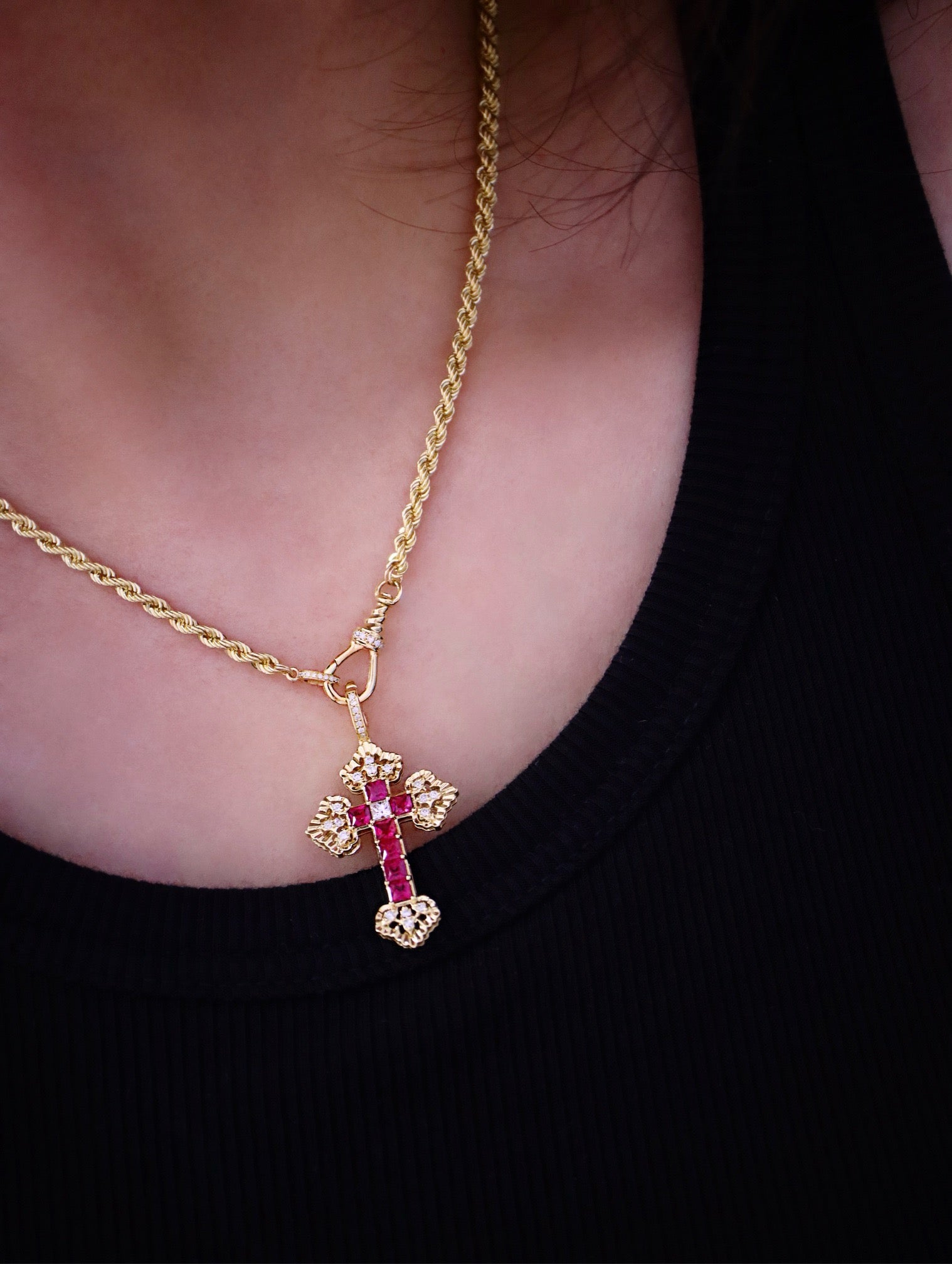 Serwa Jewellery | Celestial Cross – Sapphire & Ruby Pendant in 18K Gold