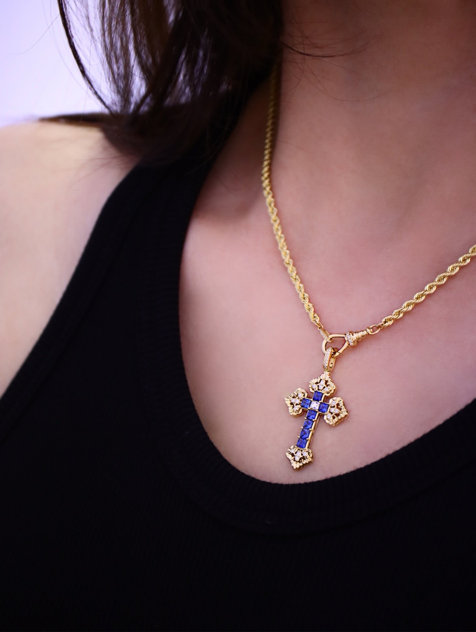 Serwa Jewellery | Celestial Cross – Sapphire & Ruby Pendant in 18K Gold