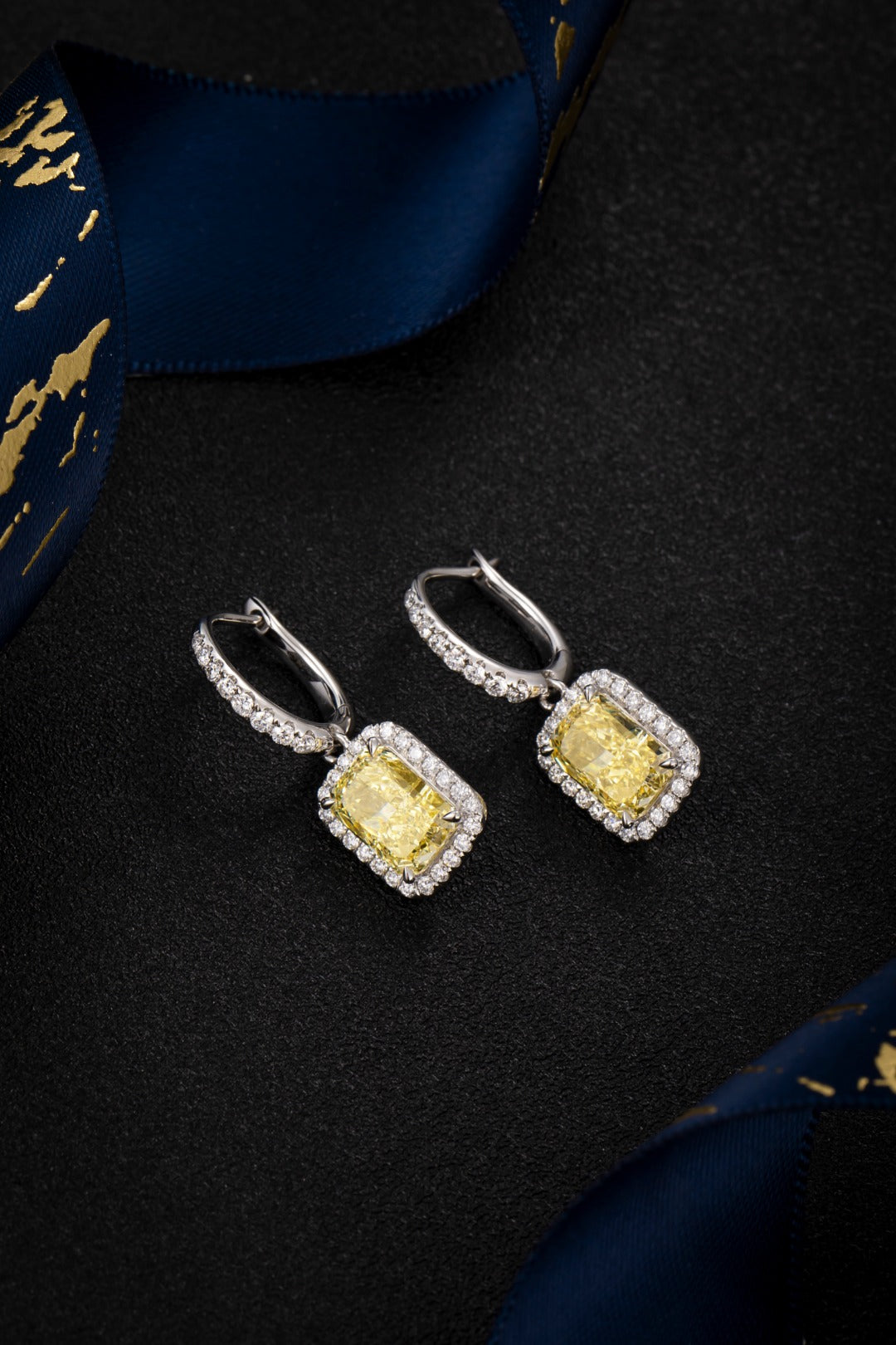 Serwa Jewellery | Radiant Halo Drop – PT900 Lab-Grown Yellow Diamond Earrings