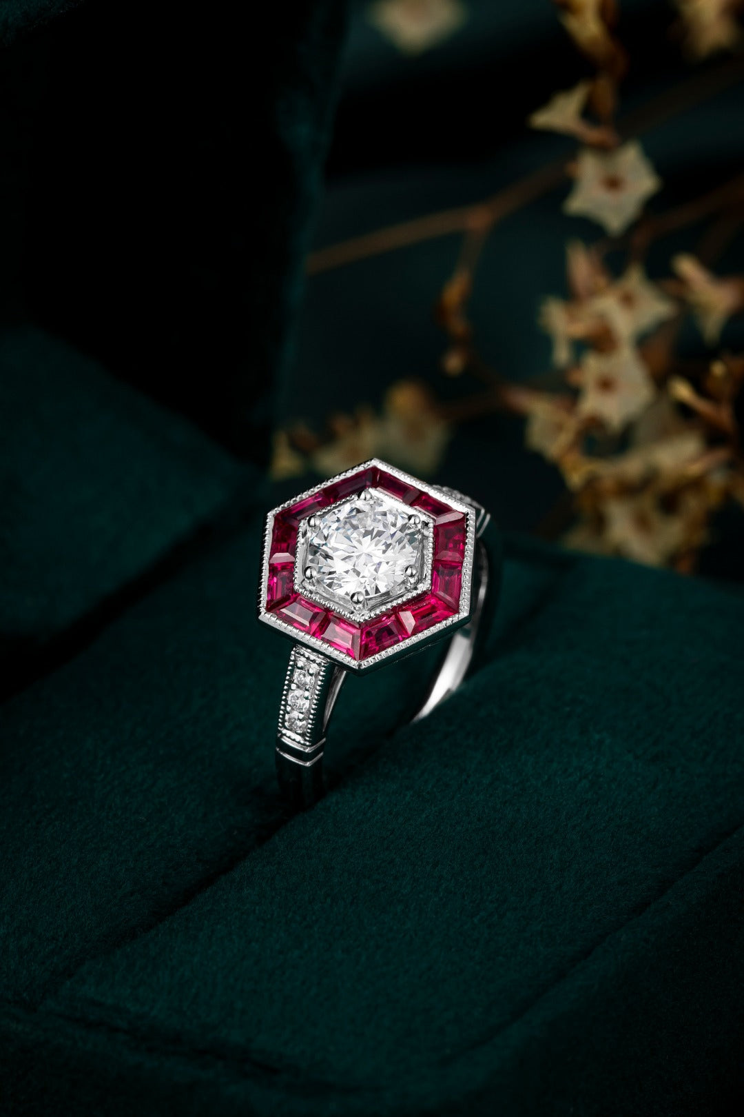 Serwa Jewellery | Crimson Halo – PT900 Lab-Grown Diamond & Ruby Ring